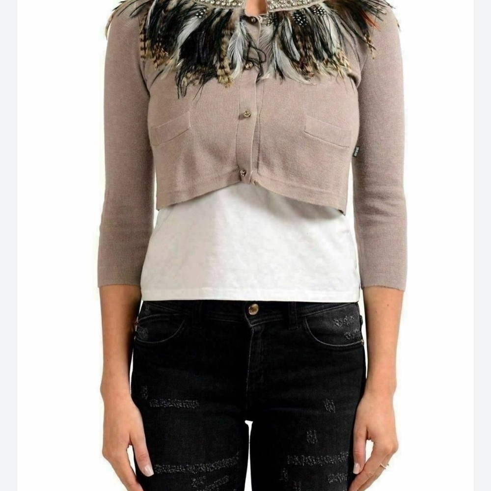 Just Cavalli Taupe Feather-Embellished Sweater